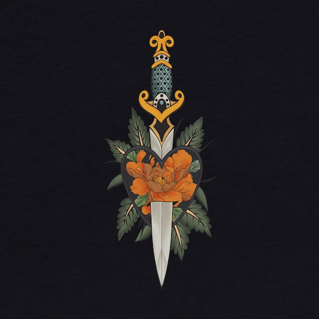 Gothic Sword and Floral Heart Tattoo - Orange Version by rosiemoonart